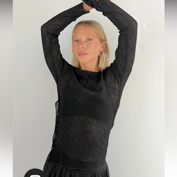 OAK + FORT Tops - OAK + FORT ASYMMETRICAL SLIT BLACK MESH RIBBED TOP IN SIZE SMALL